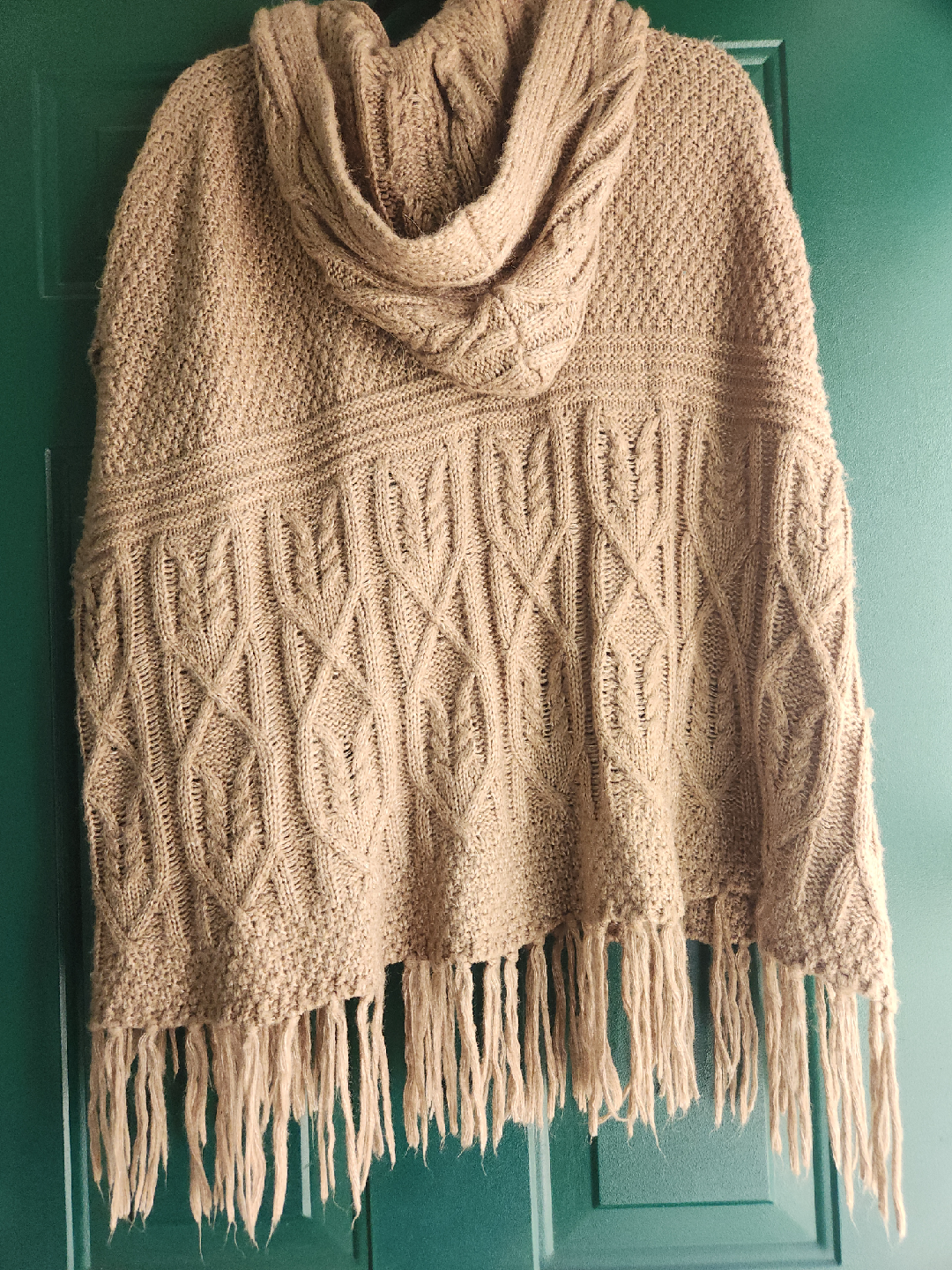 Hooded Fringe Poncho - Beige Knit - photo 2