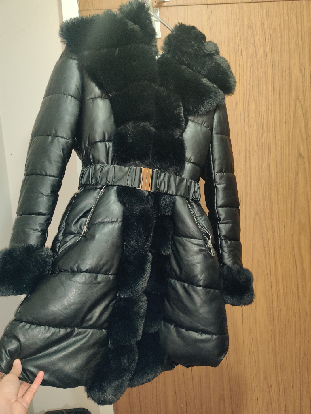 Black Puffer Coat with Faux Fur Trim - photo 2