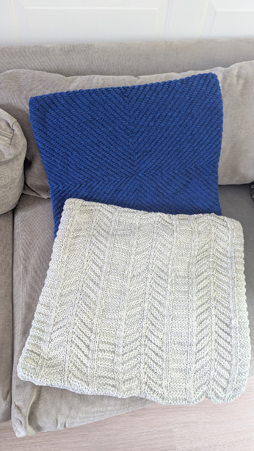 Two Knitted Pillows - Blue and Grey