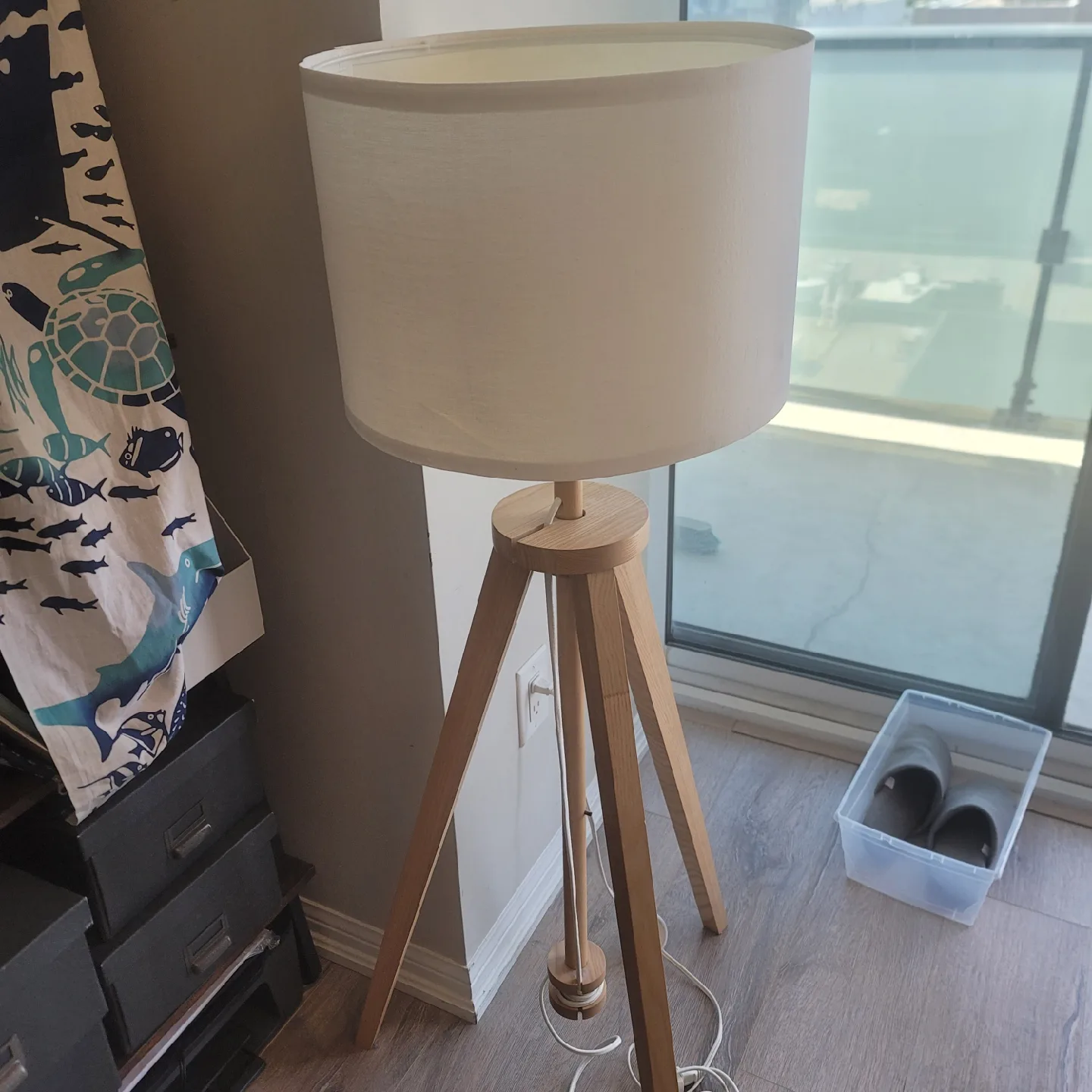 Tripod Floor Lamp, Wood & White Shade thumbnail