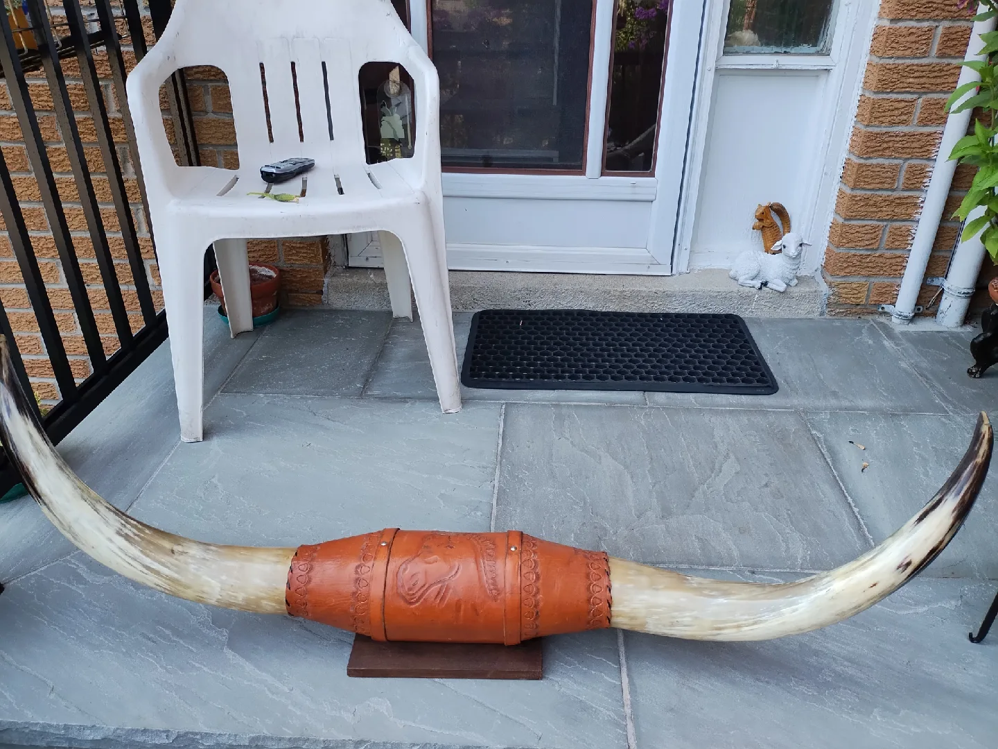 Decorative Carved LongHorn With Leather thumbnail
