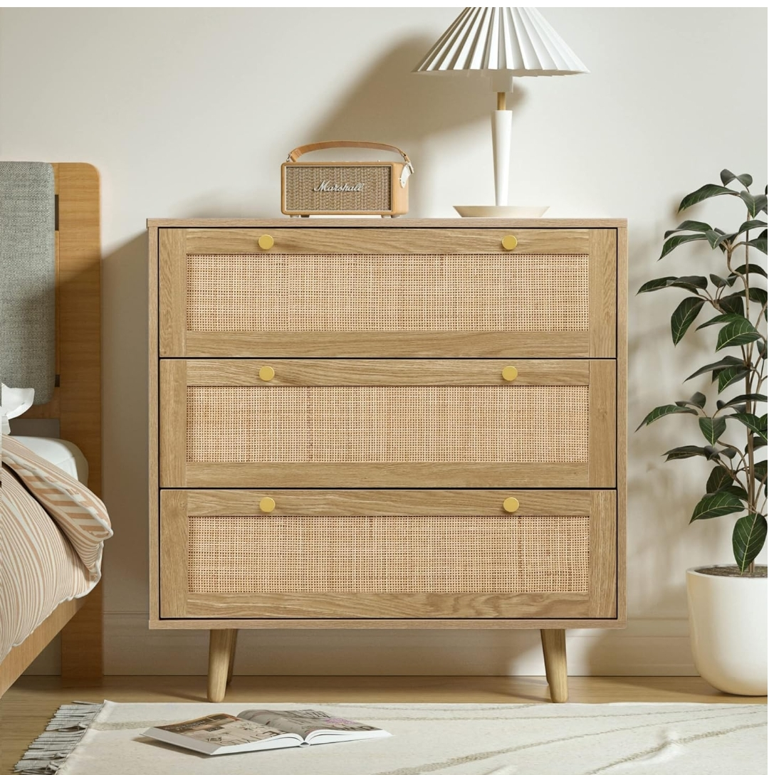 Get 2 of these 3-Drawer Dressers with Rattan, 31.5"x15.75"x36"