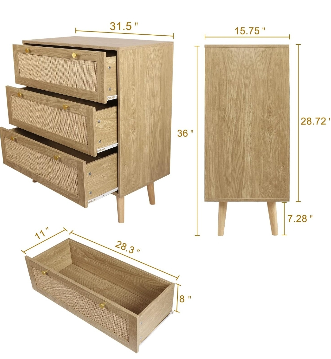 Get 2 of these 3-Drawer Dressers with Rattan, 31.5"x15.75"x36" - photo 2
