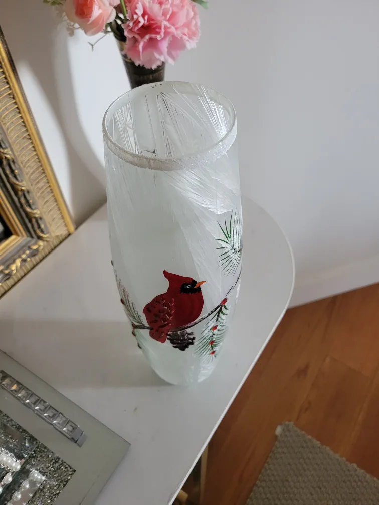🥕Evergreen Vase Handpainted Cardinal and Pinecones LED Cylinder thumbnail