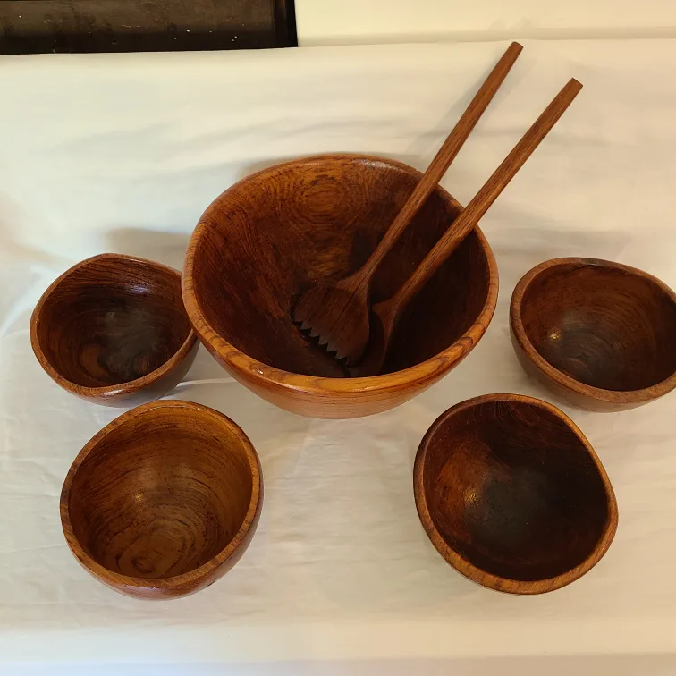 Vintage Teak Wood Salad Bowl Set image indicator(4)