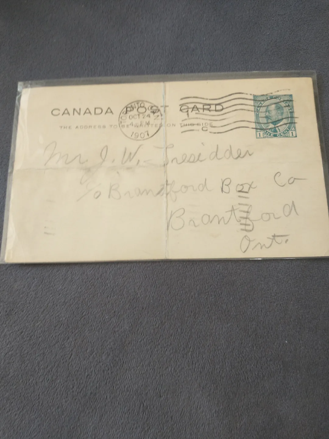1907 Canada postal card mailed Toronto to Brantford thumbnail