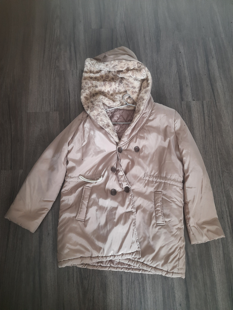 Beige Winter Coat with Faux Fur Hood