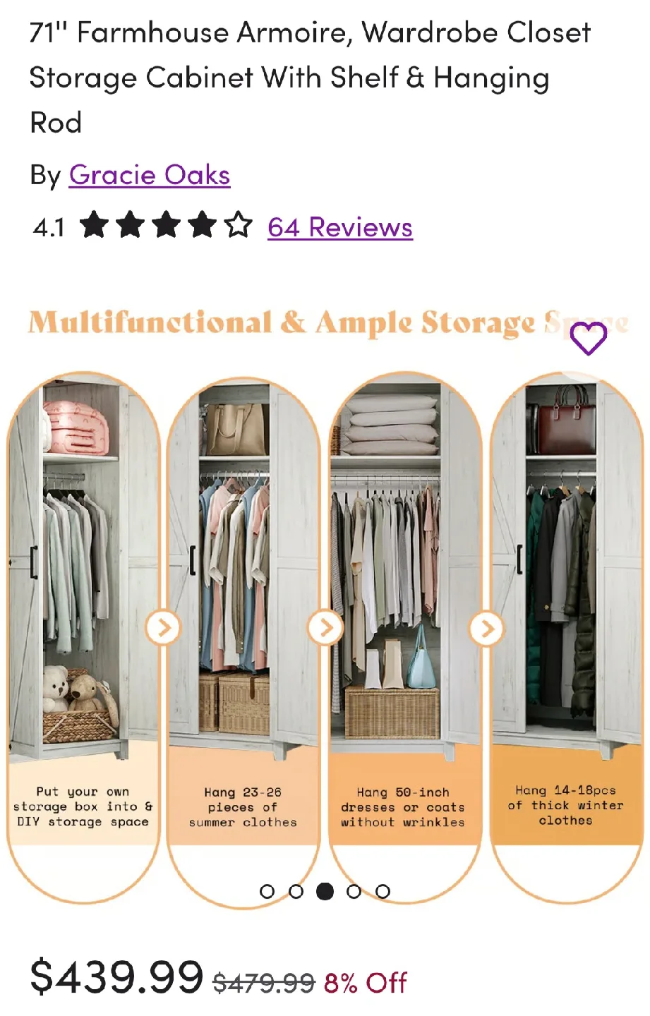 Gracie Oaks Farmhouse Armoire - Wardrobe Closet image indicator(3)