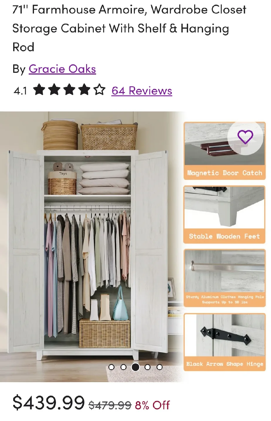 Gracie Oaks Farmhouse Armoire - Wardrobe Closet image indicator(4)