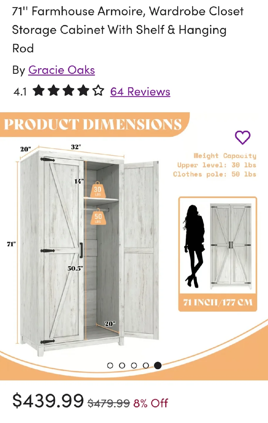 Gracie Oaks Farmhouse Armoire - Wardrobe Closet image indicator(5)