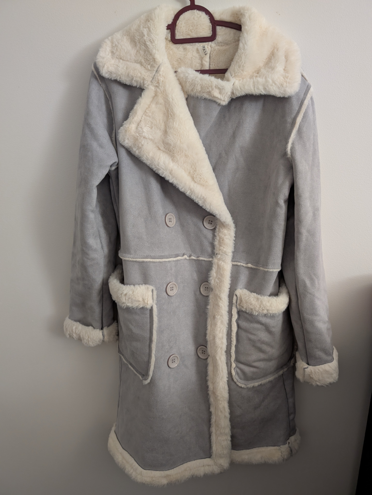 Gray Faux Suede & Shearling Coat for Fall and Winter