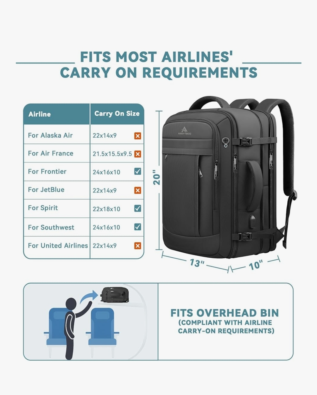 ARSYSTECO Carry On Travel Backpack - Black - photo 3