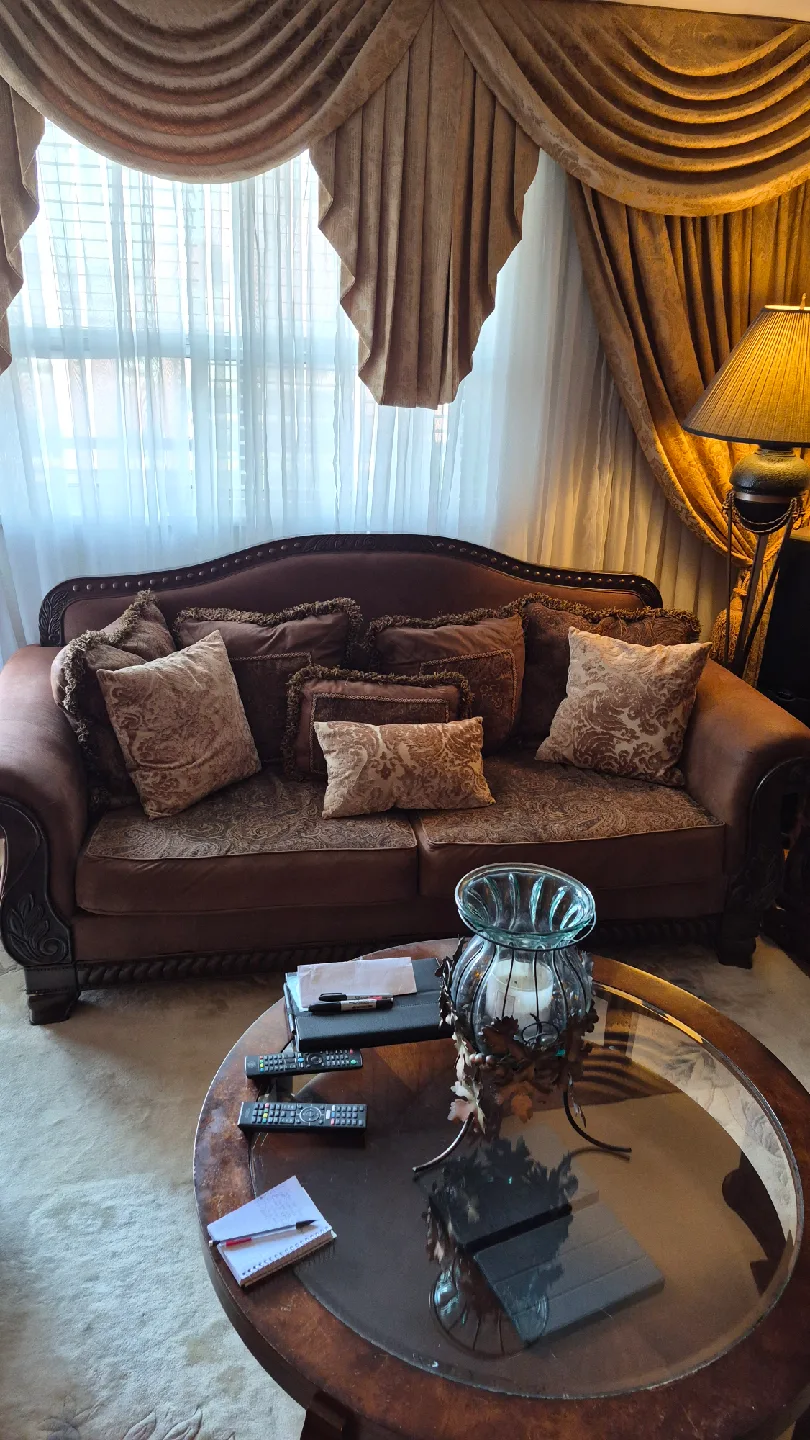 Brown Ornate Sofa and love seat thumbnail