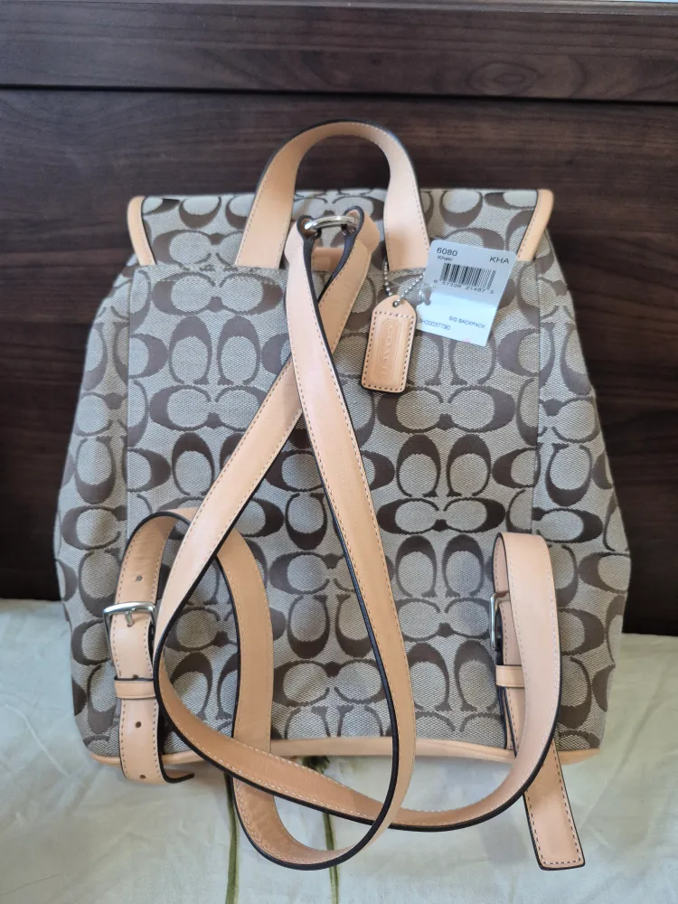 Coach Womens Signature C Drawstring Backpack Khaki Leather 6080 image indicator(2)