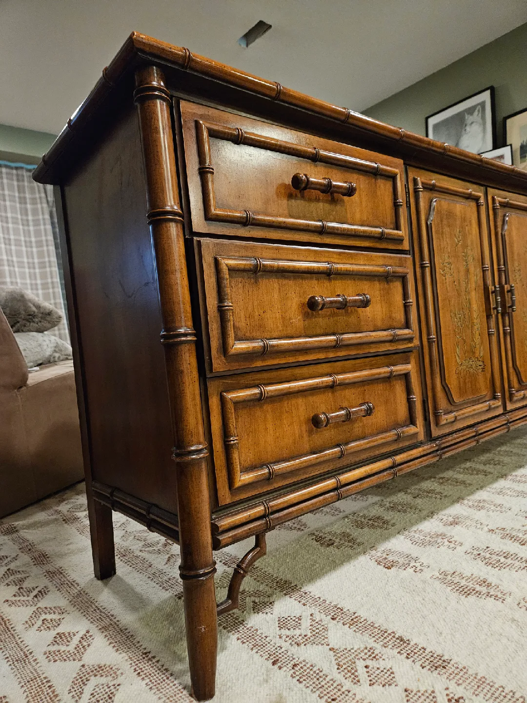 Large Antique Sideboard Buffet Solid Wood (Oak) Faux Bamboo image indicator(5)