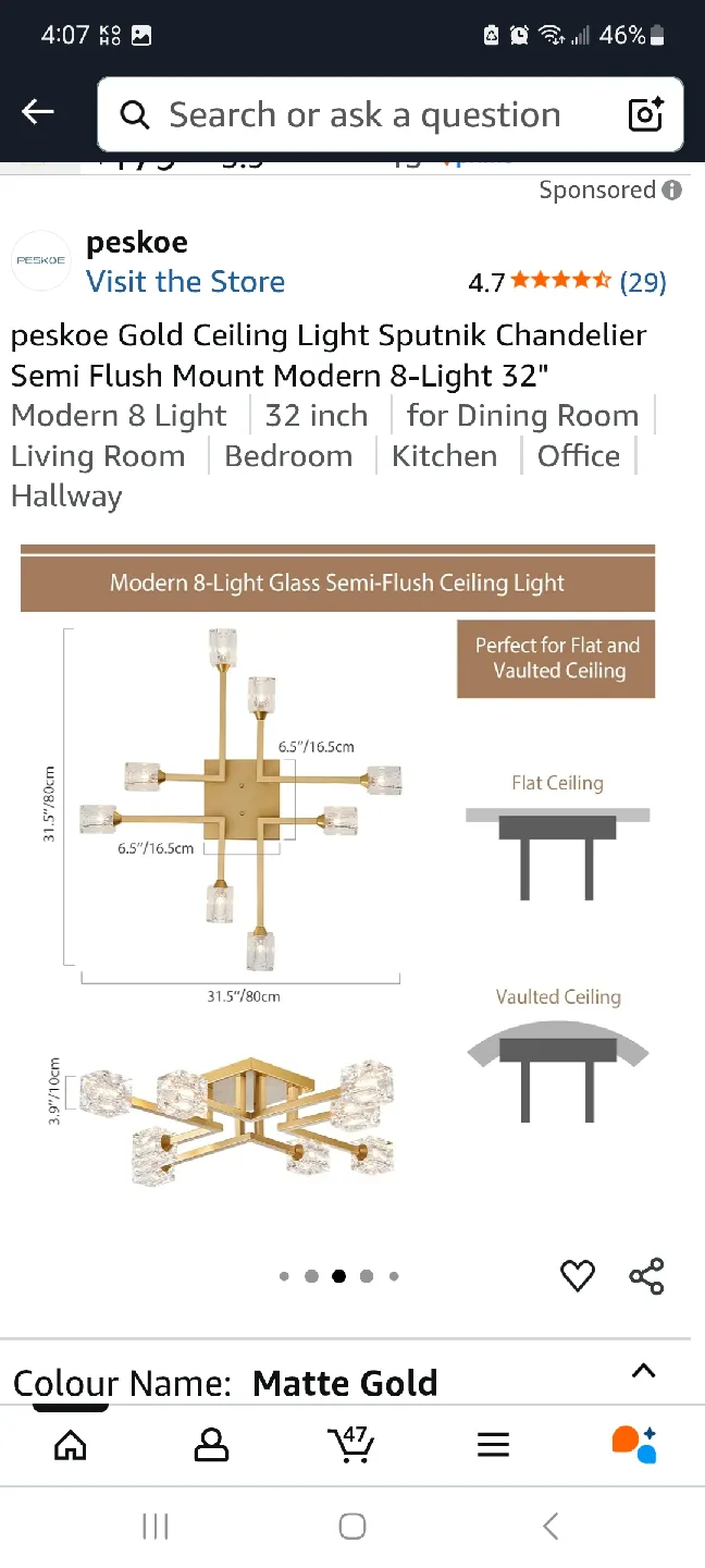 Peskoe Gold Sputnik Chandelier - Modern 8-Light, 32 inch image indicator(3)
