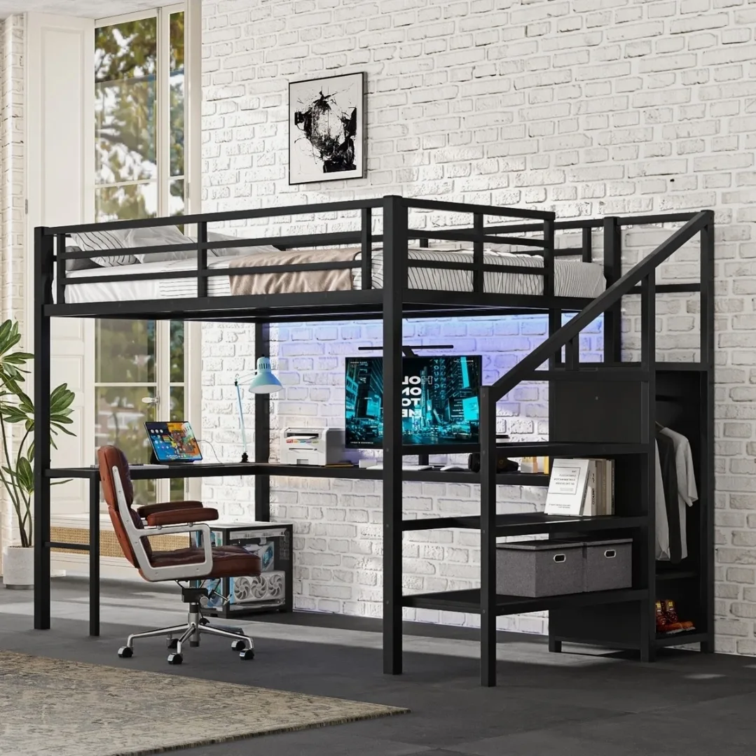Black Metal Loft Bed with Desk & Stairs thumbnail