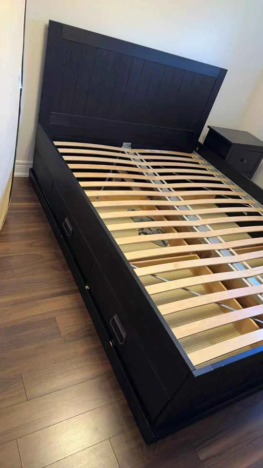 Queen Black Bed Frame with Mettress and Nightstand thumbnail