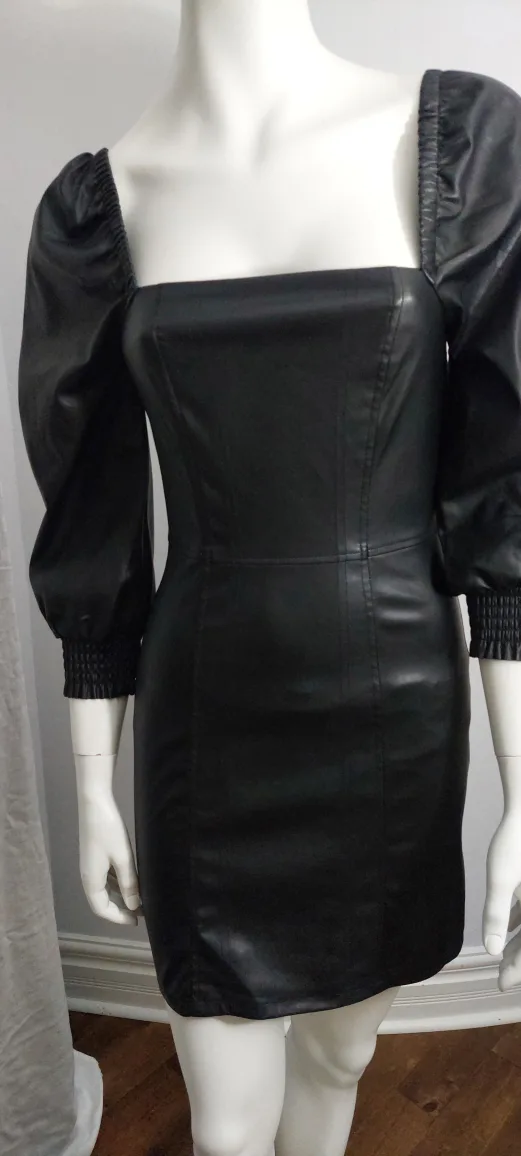 NEW - Black Faux Leather Puff Sleeve Mini Dress image indicator(4)