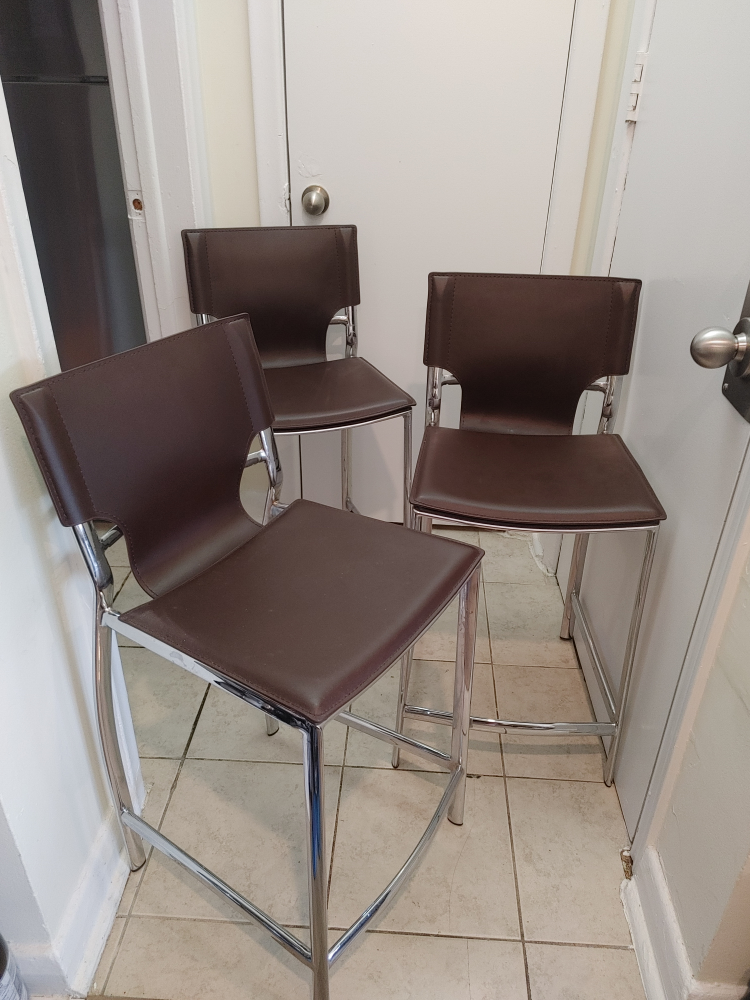 Set of 3 Brown Bar Stools with Chrome Base - photo 2