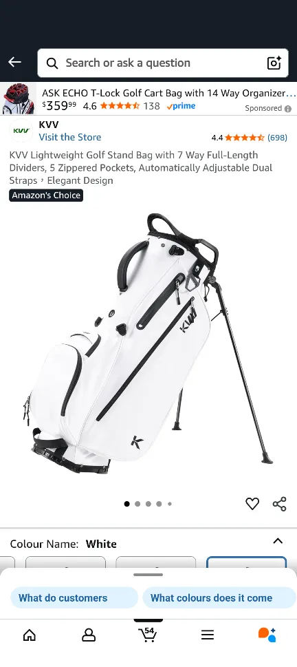 KVV Lightweight Golf Stand Bag - White thumbnail
