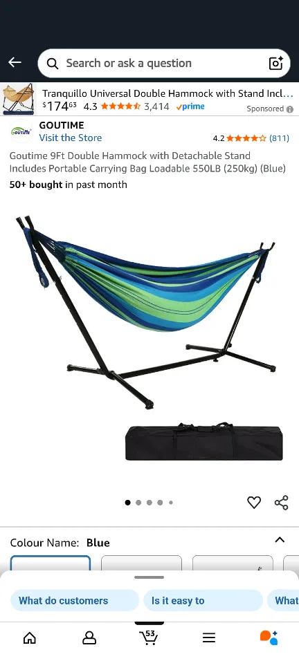 GOUTIME 9ft Double Hammock with Stand - Blue thumbnail