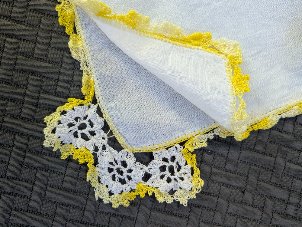 Vintage White Handkerchief with Yellow Crochet Border - photo 3