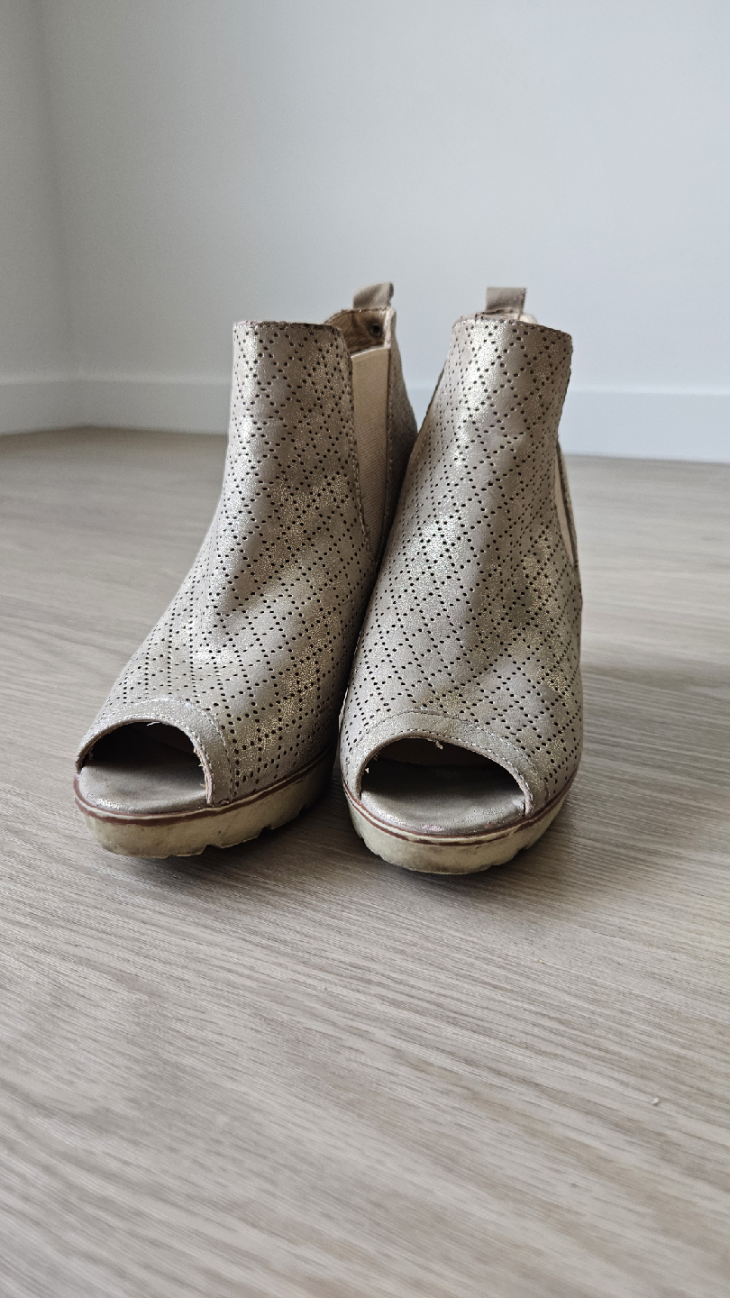 Gold Peep-Toe Heeled Booties, Size 8.5