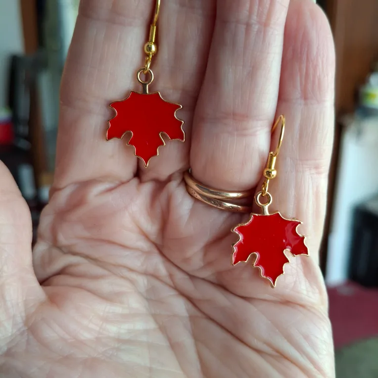 Maple Leaf Dangle Earrings - Red & Gold thumbnail
