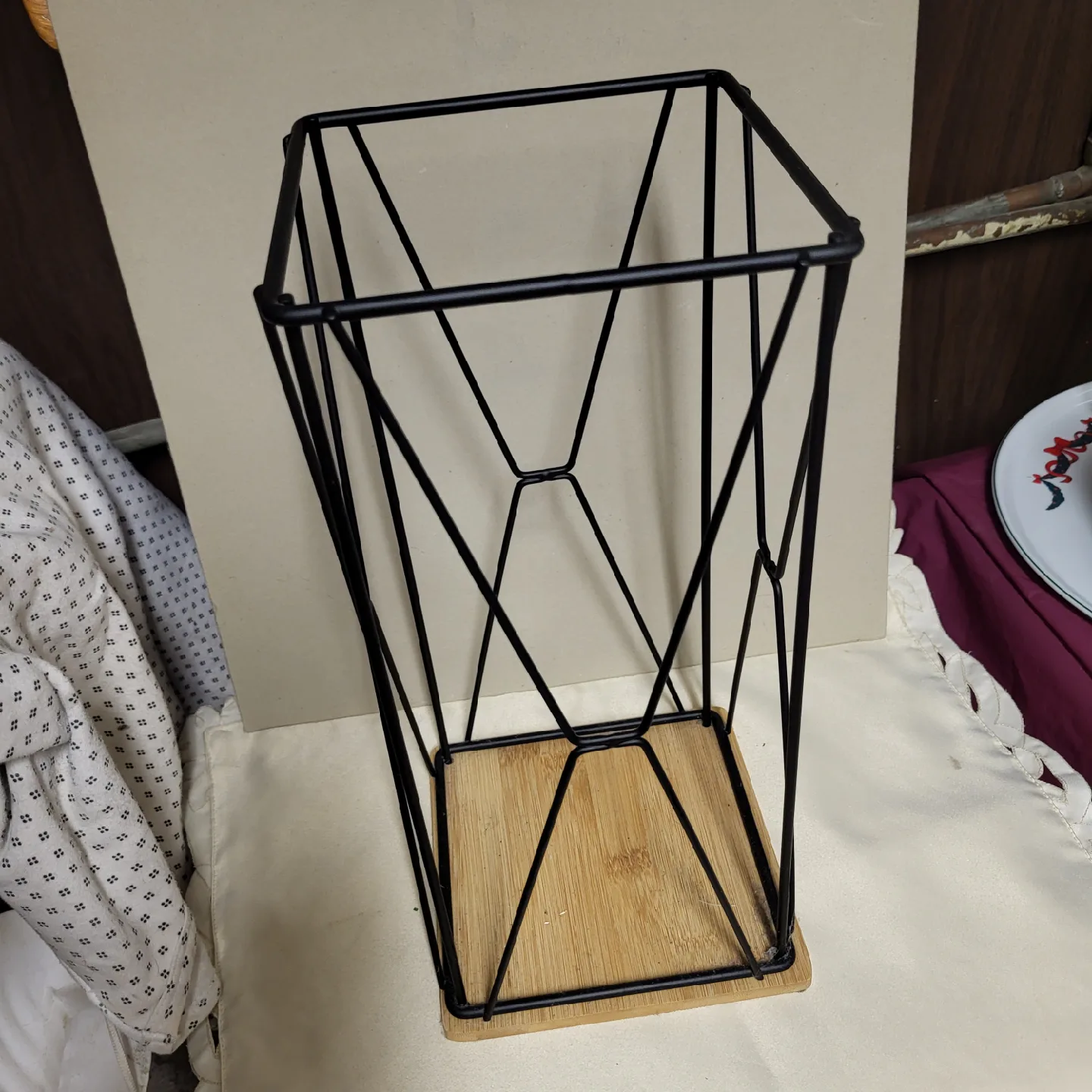 Black Wire Basket with Wood Base thumbnail