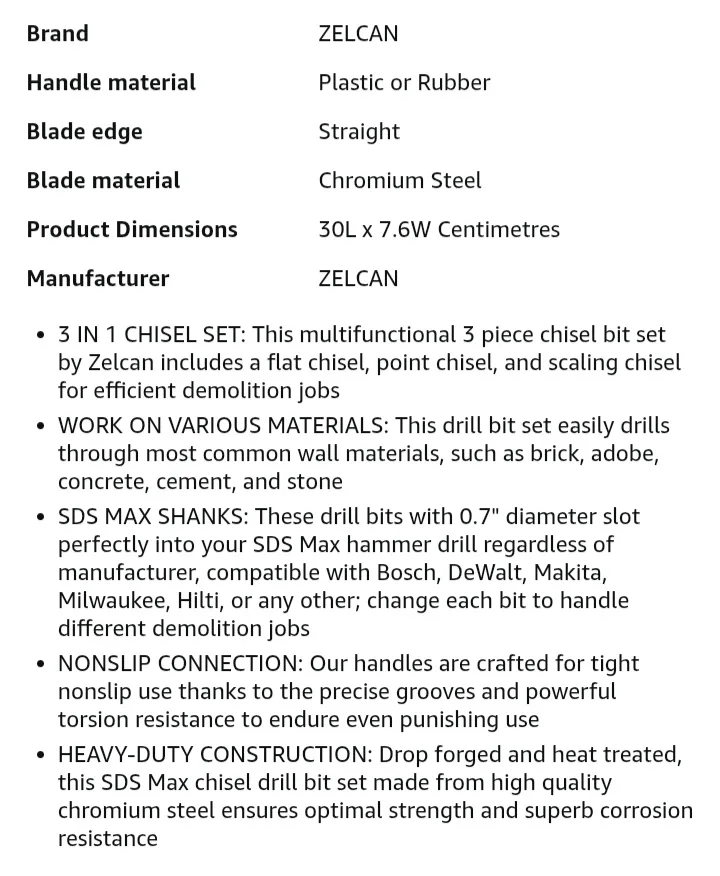 🥕  NEW!   ZELCAN SDS Max Chisel Set - 3 Piece image indicator(8)