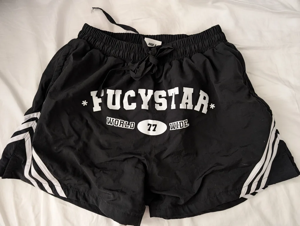 Brand New Fucy Black Shorts Star Motifs Streetwear Size L thumbnail