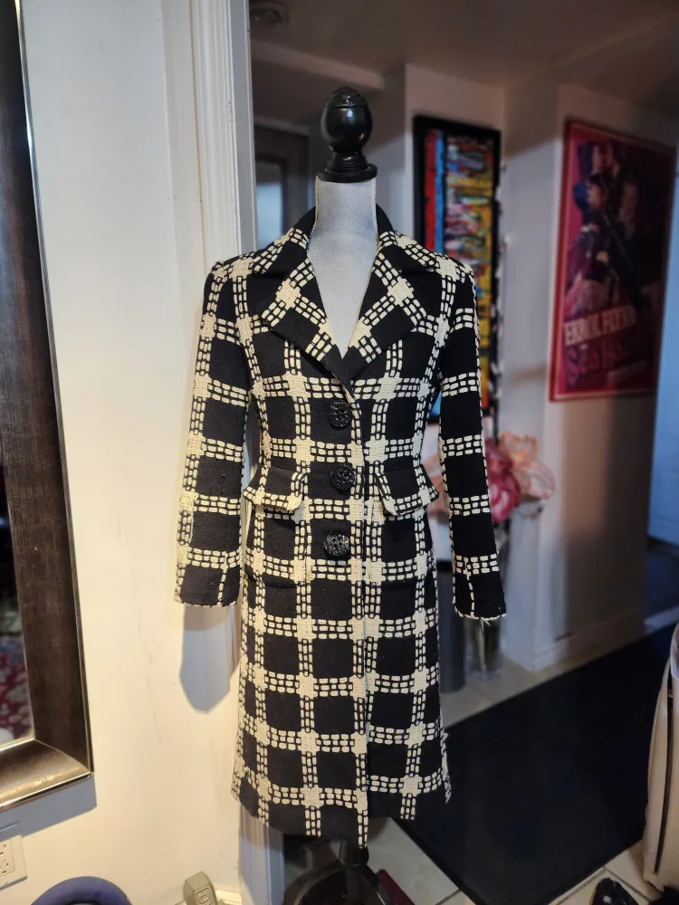Ross Mayer Black & Off White Plaid Full Length Coat - Size 4 image indicator(2)