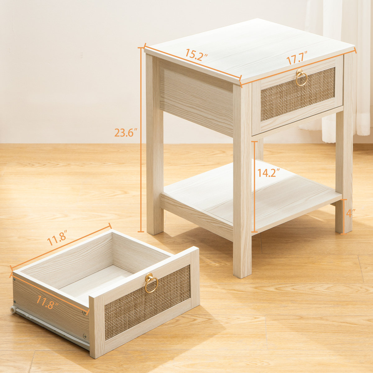 Set of 2 White Wood Nightstand with Rattan Drawer - photo 2