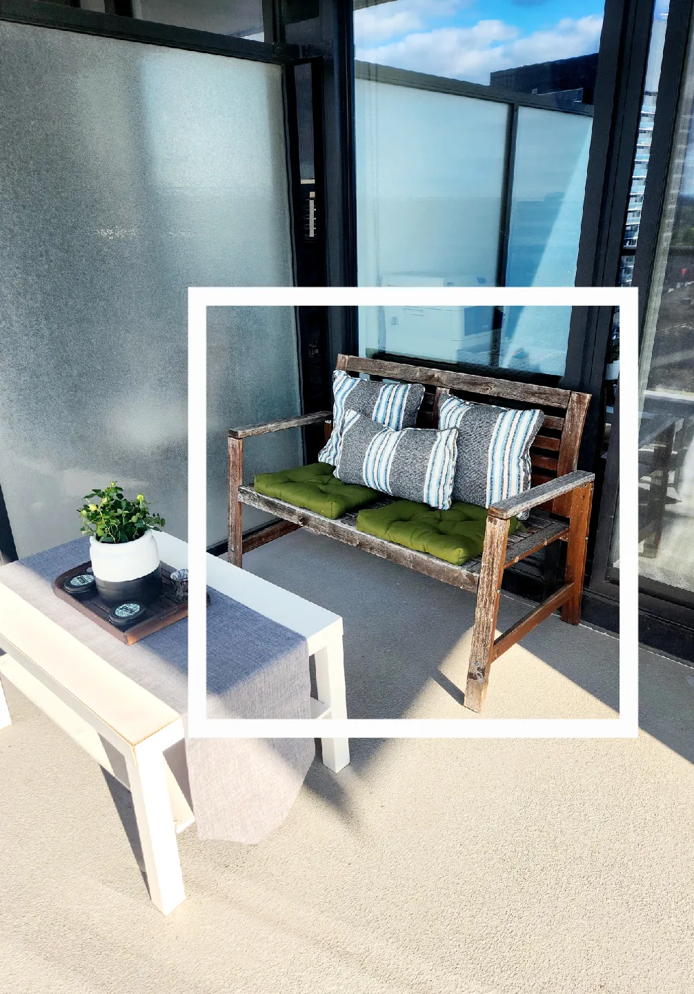 Wooden Outdoor Bench with Striped and Seat Cushions thumbnail