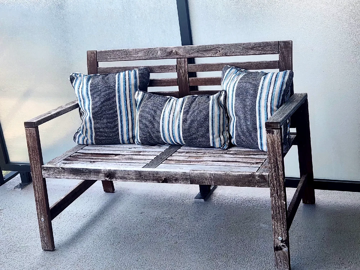 Wooden Outdoor Bench with Striped and Seat Cushions image indicator(2)