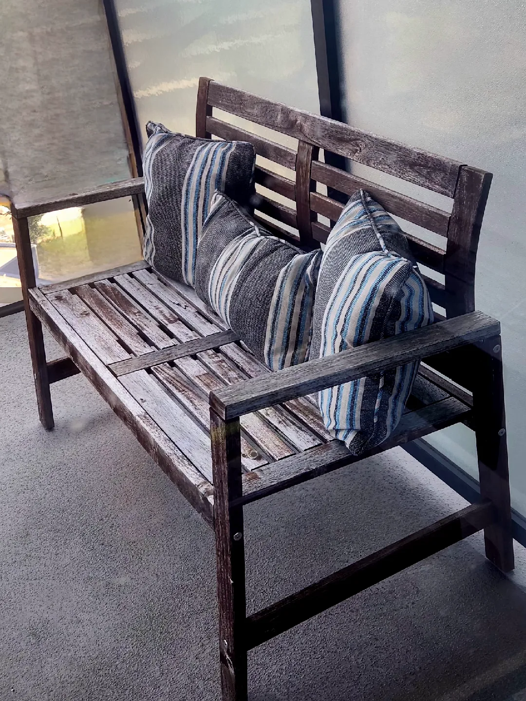 Wooden Outdoor Bench with Striped and Seat Cushions image indicator(3)
