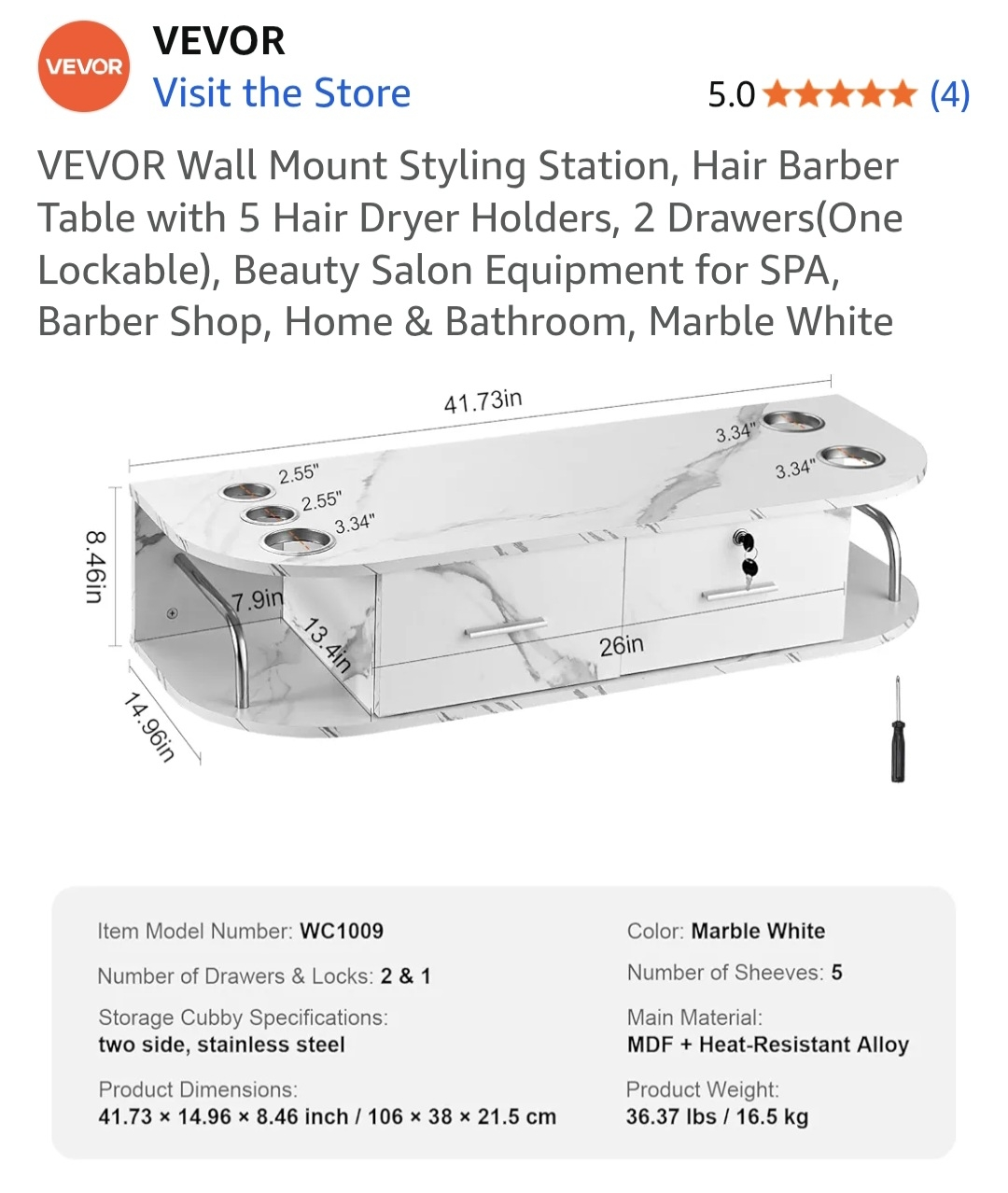 VEVOR Wall Mount Styling Station - Marble White