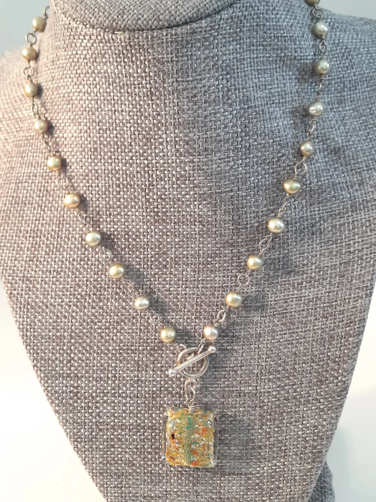 Handmade Pearl Necklace 925 silver closings with Glass Pendant image indicator(9)