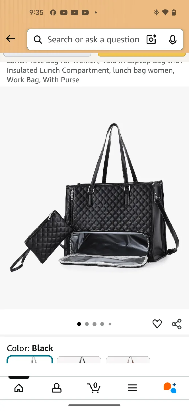 Black Quilted Laptop Tote Bag with Insulated Lunch Compartment thumbnail