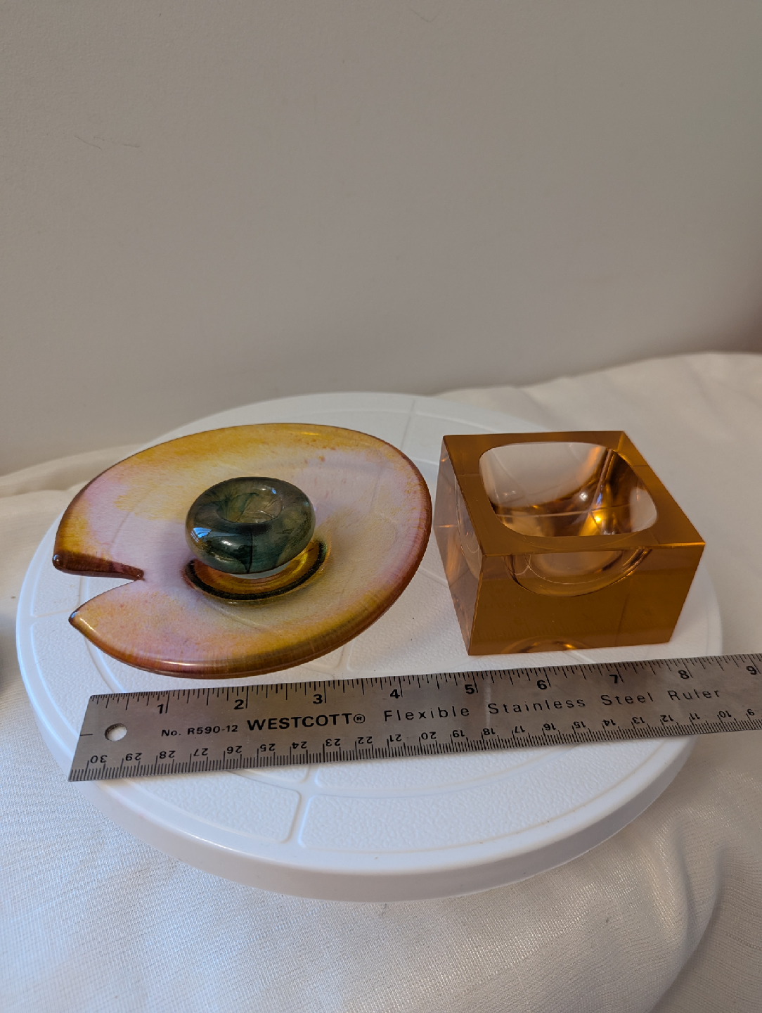 Vintage Glass Lily Pad Dish & Pinkish Cube Dish