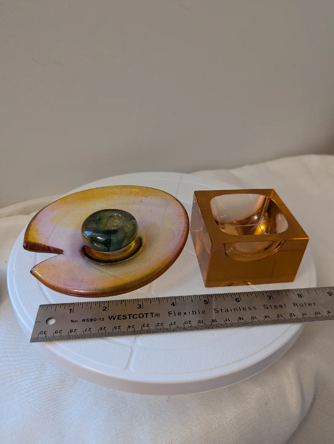 Vintage Glass Lily Pad Dish & Pinkish Cube Dish thumbnail