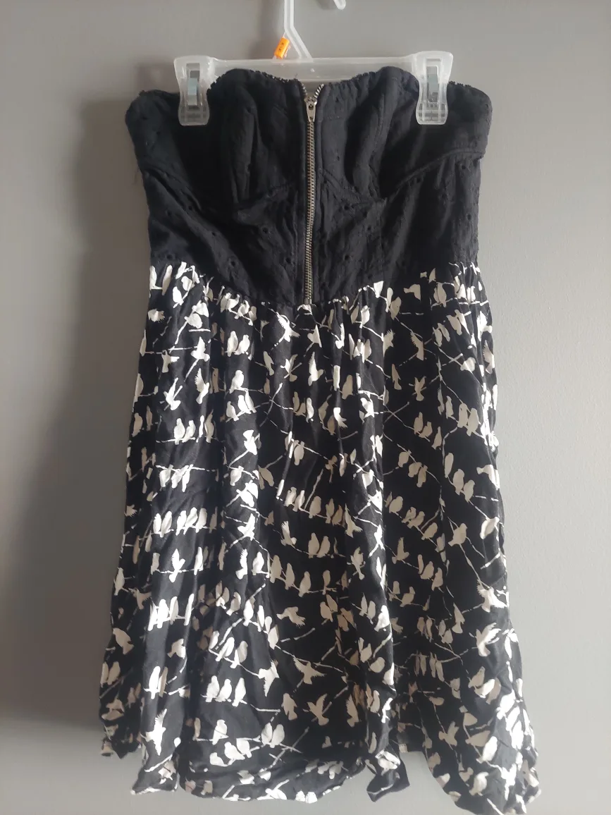 Strapless Black & White Bird Print Dress by G21 thumbnail