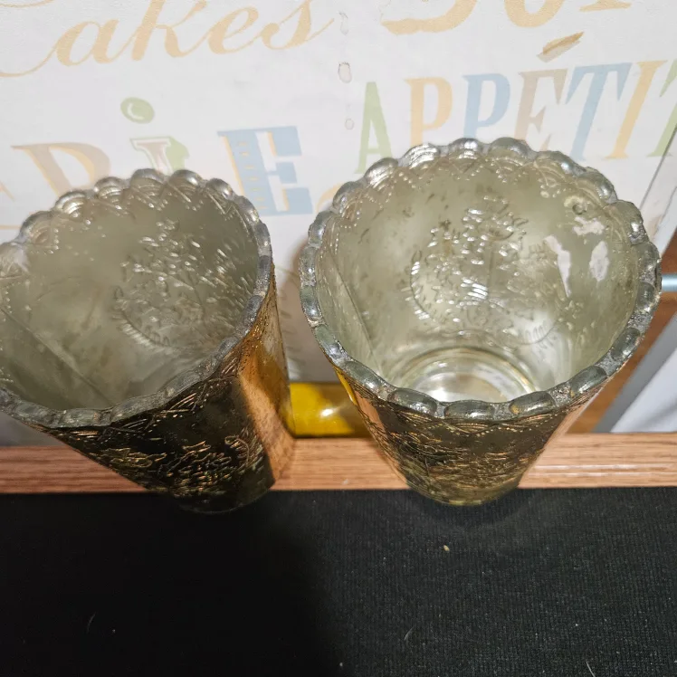 Mercury glass candle holder 2× scalloped edge motif bud vase. image indicator(2)