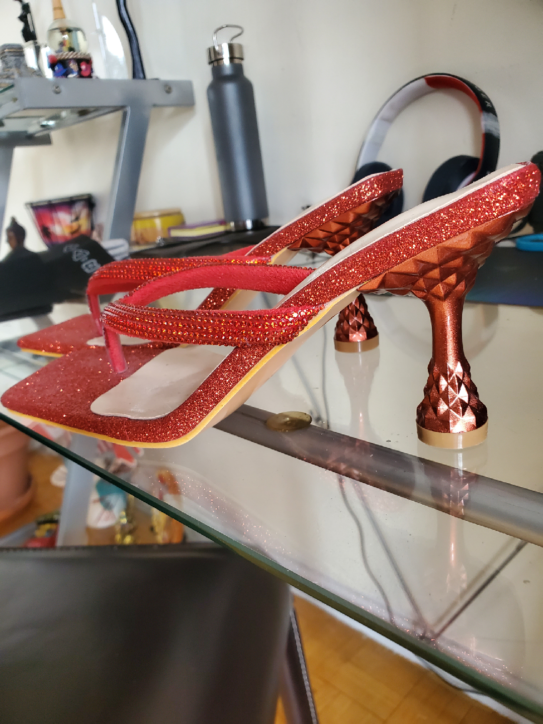 Red Glitter Heeled Thong Sandals