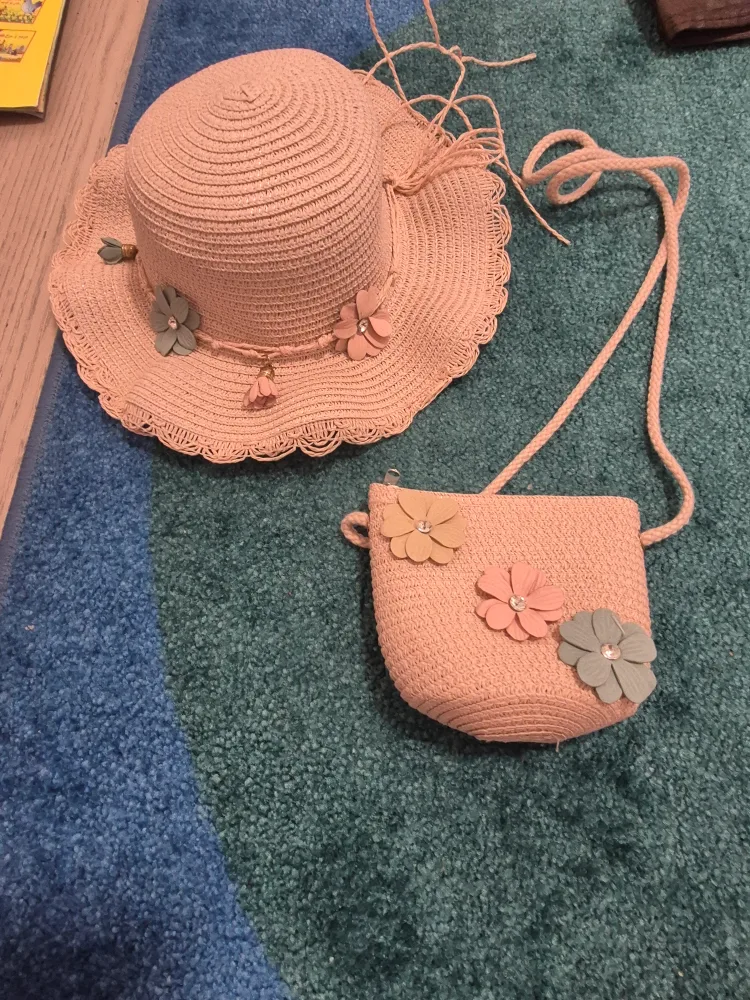 Girls Straw Hat and Purse Set - Pink thumbnail
