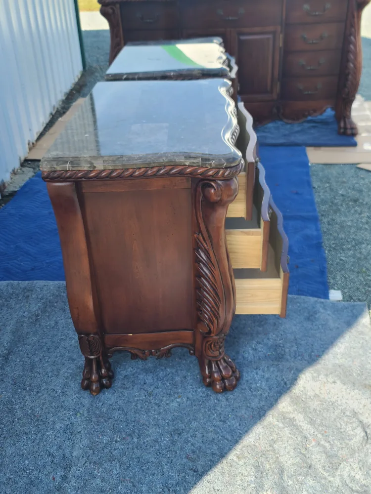 PAIR OF ASHLEY FURNITURE CARVED NIGHTSTANDS WITH MARBLE TOP image indicator(3)