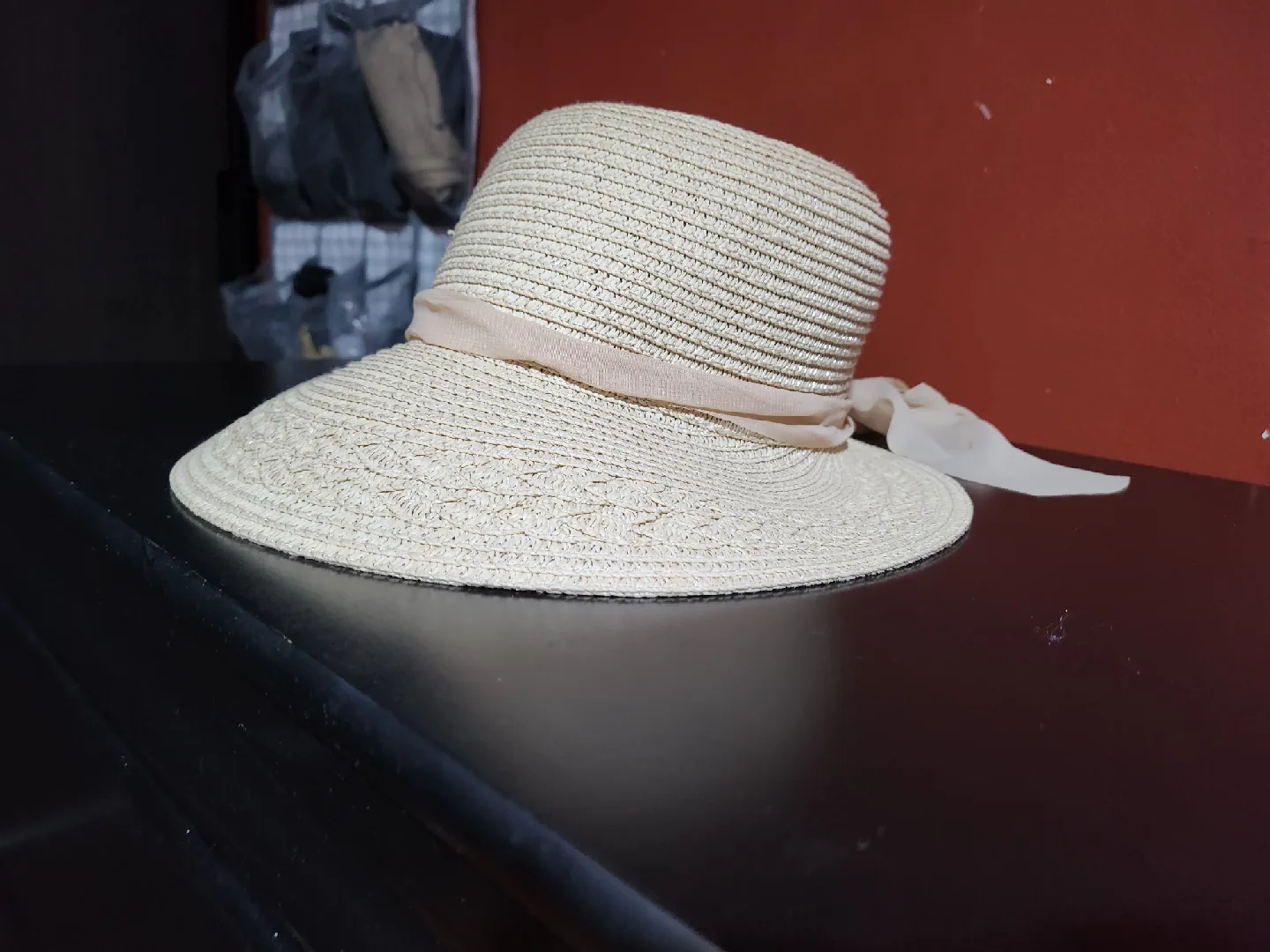 Straw Hat with Ribbon - Beige