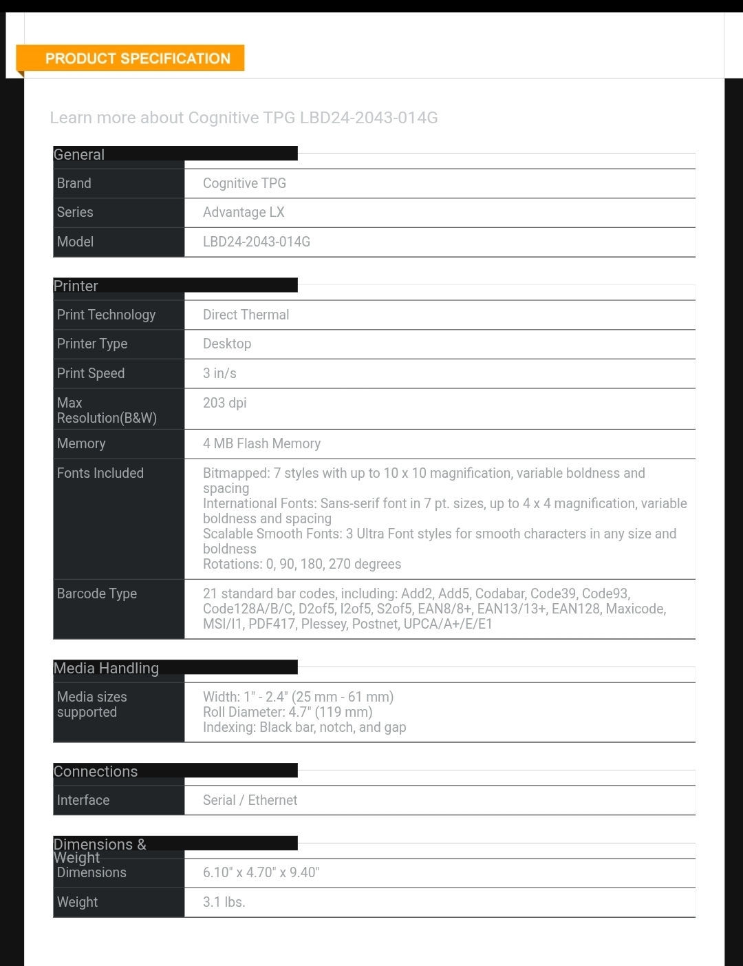 🤎Cognitive TPG Advantage LX 203dpi Barcode Label Printer - photo 4