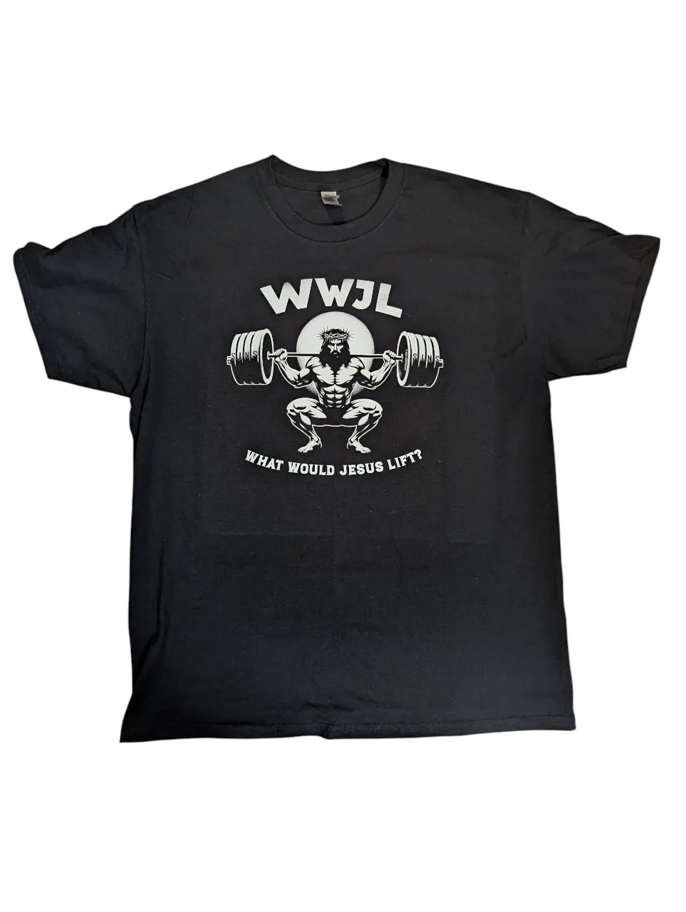 🔥NEW MENS LARGE T-shirt WWJL What Would Jesus Lift? Christian image indicator(2)